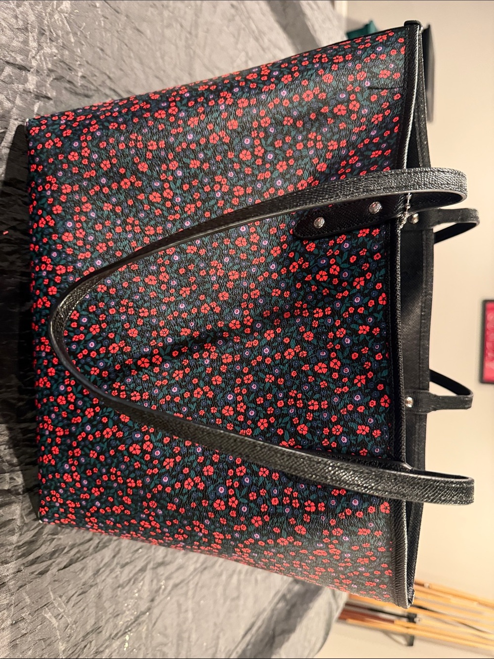 Coach Black Tote with Red Floral Print - Picture 3 of 6